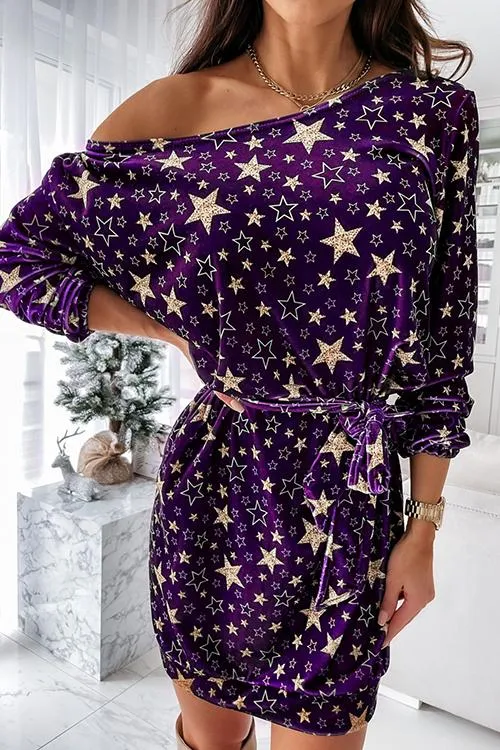 Star Print Drop Shoulder Belted Dress