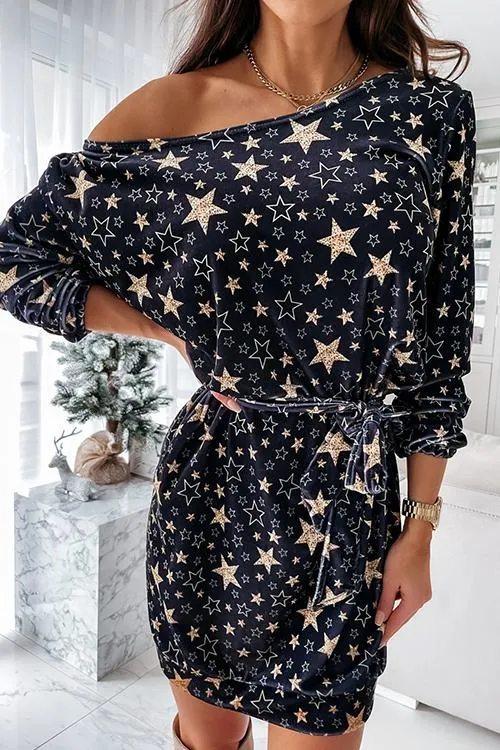 Star Print Drop Shoulder Belted Dress