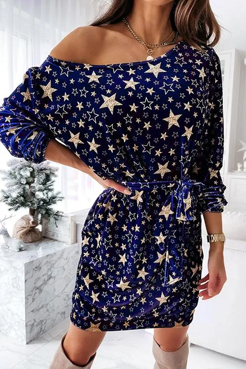 Star Print Drop Shoulder Belted Dress