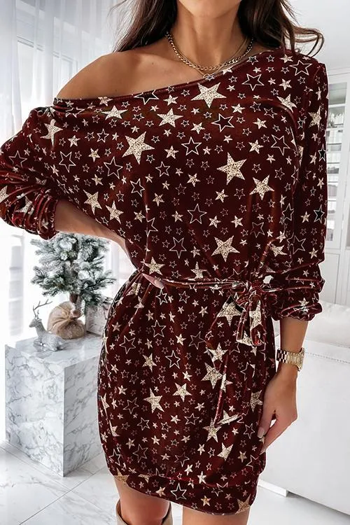 Star Print Drop Shoulder Belted Dress