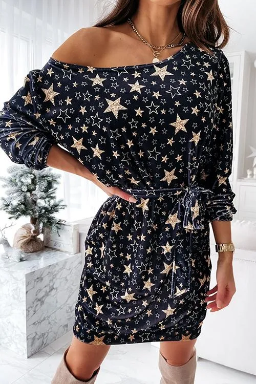 Star Print Drop Shoulder Belted Dress