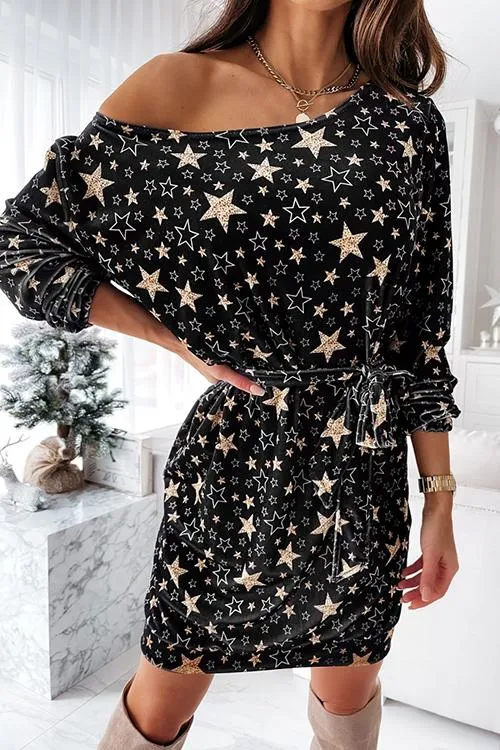 Star Print Drop Shoulder Belted Dress