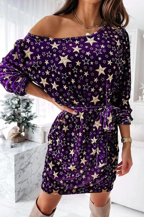 Star Print Drop Shoulder Belted Dress
