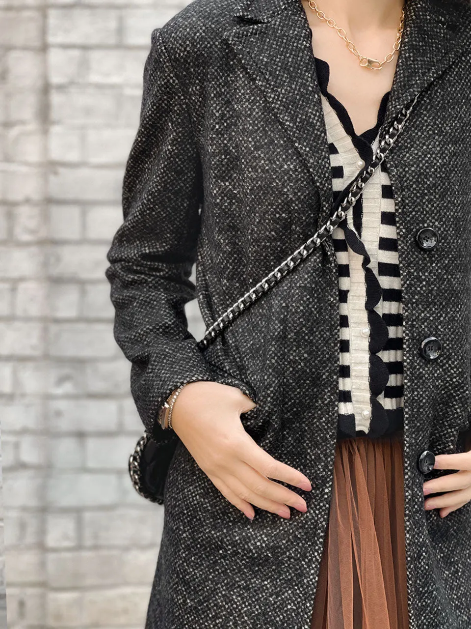 Surprise Sale! Black & Beige Barleycorn Wool Crombie Coat