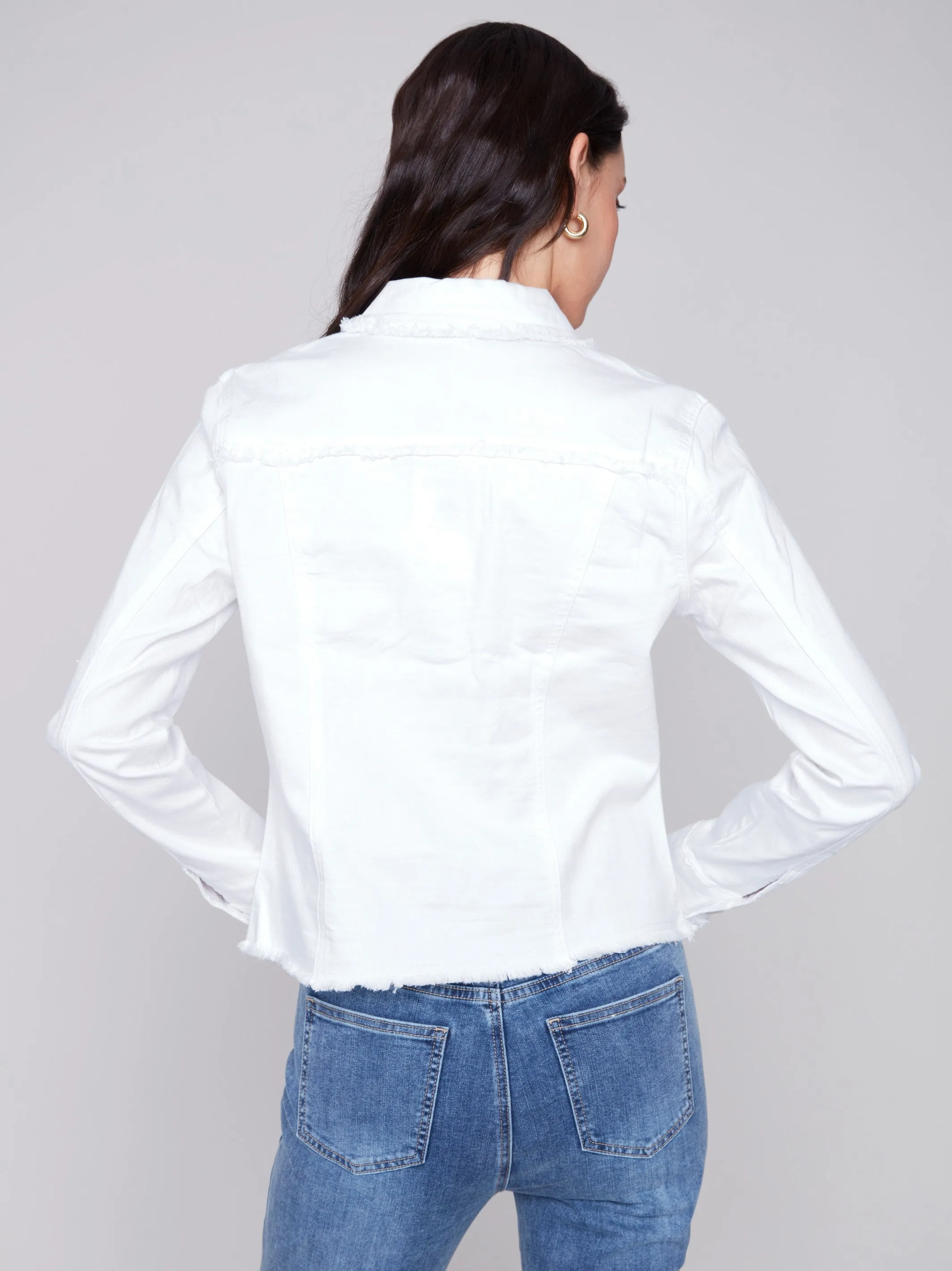 Twill Jean Jacket with Frayed Edges - White