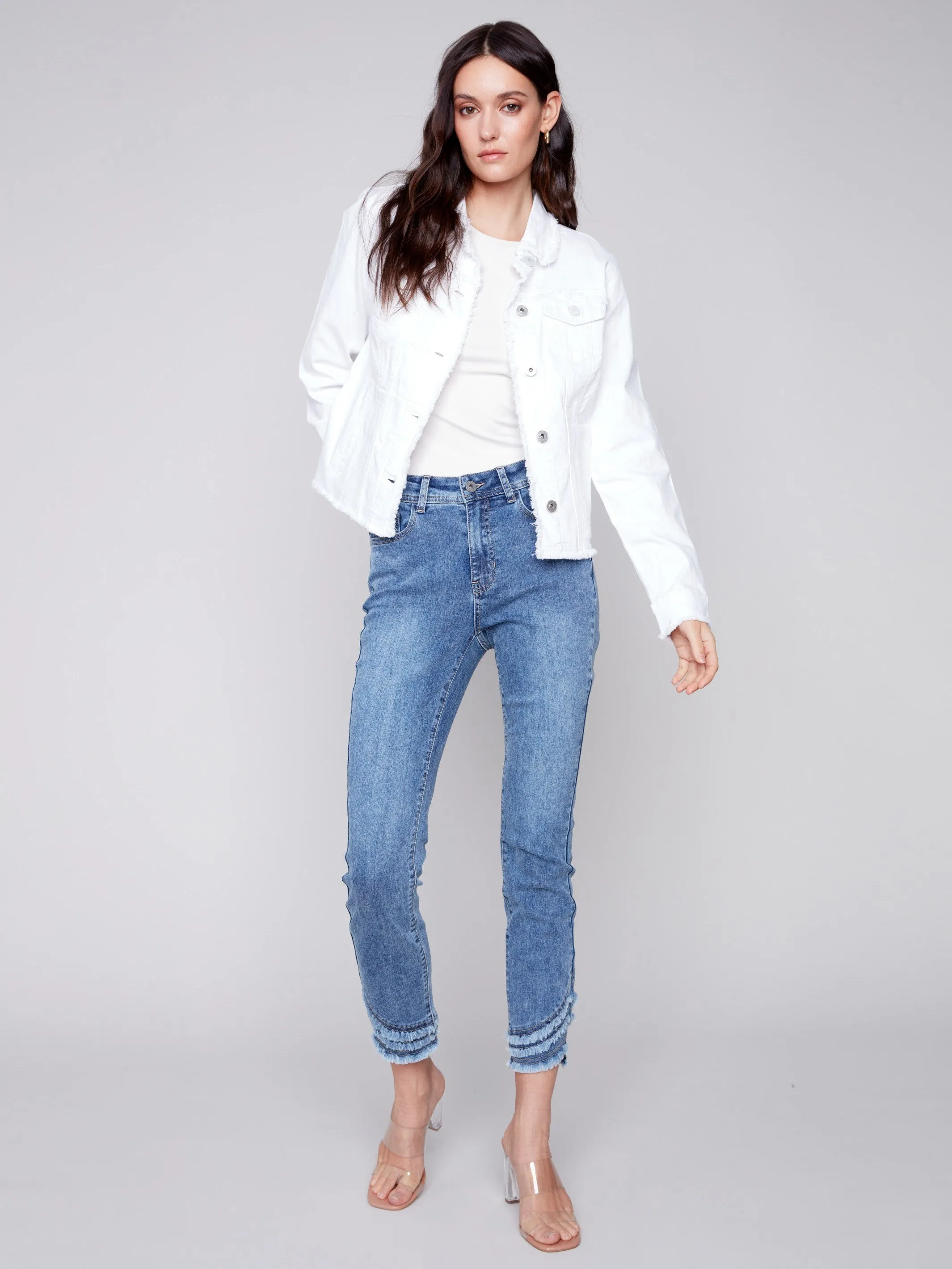 Twill Jean Jacket with Frayed Edges - White