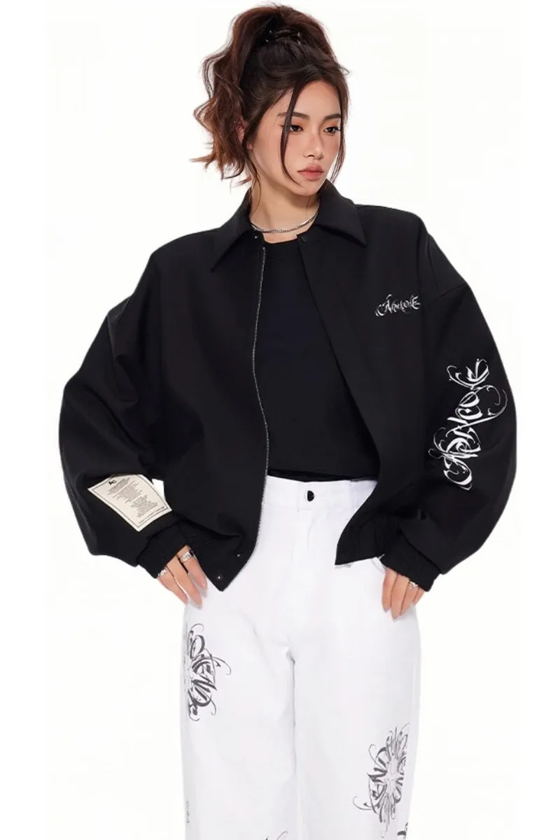 Unisex Loose-Fit Zipper Jacket with Star Moon Ring Print