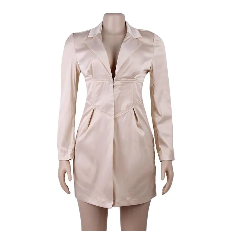 Women Turn-Down Collar Long Sleeve Mini Dress