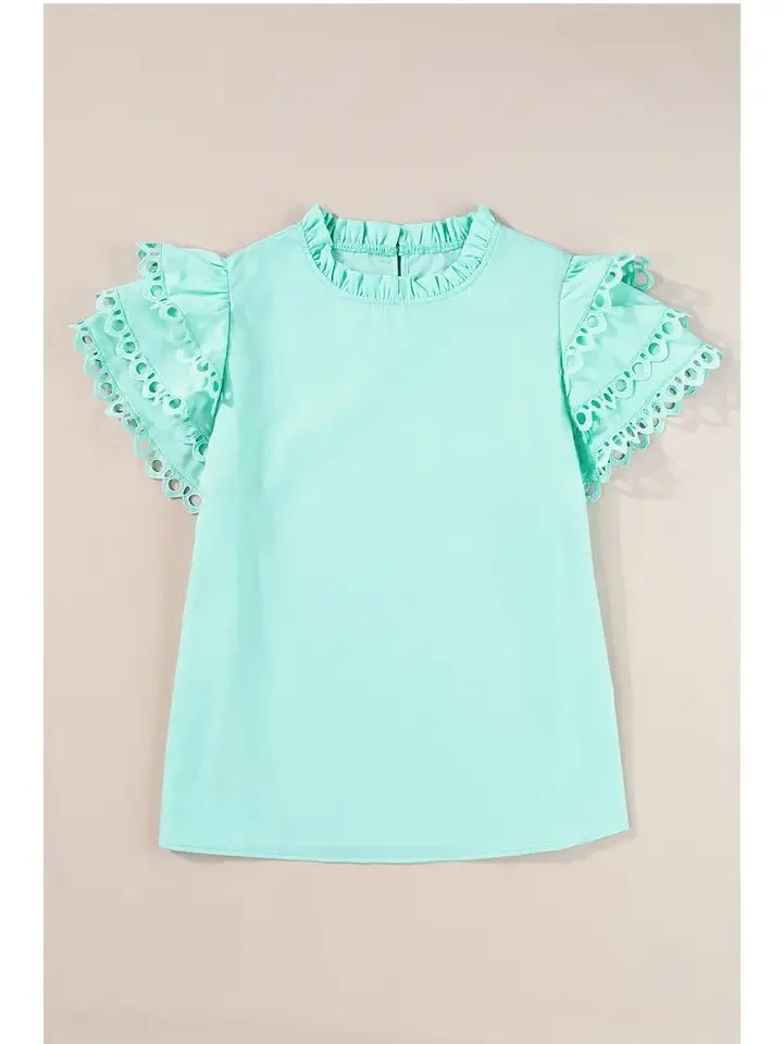 Women's Layered Rickrac Cap Sleeve Filled Neck Blouse