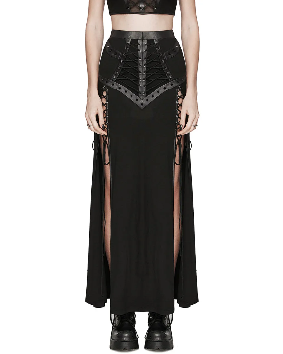 WQ-696BQF-BKF Daily Life Long Gothic Techwear Side-Split Lacing Maxi Skirt